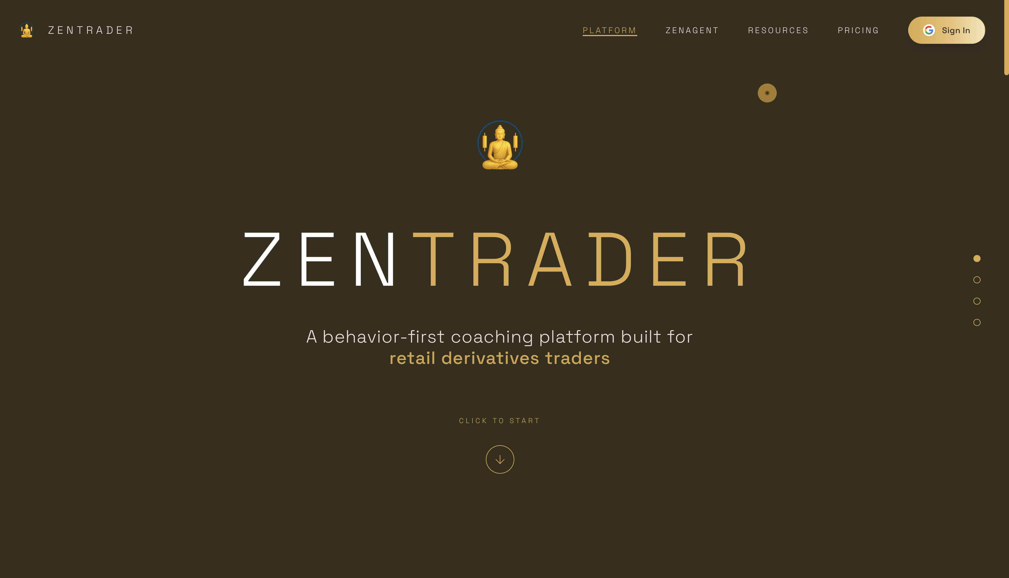 ZenTrader platform interface showing meditation figure and behavior-first coaching platform